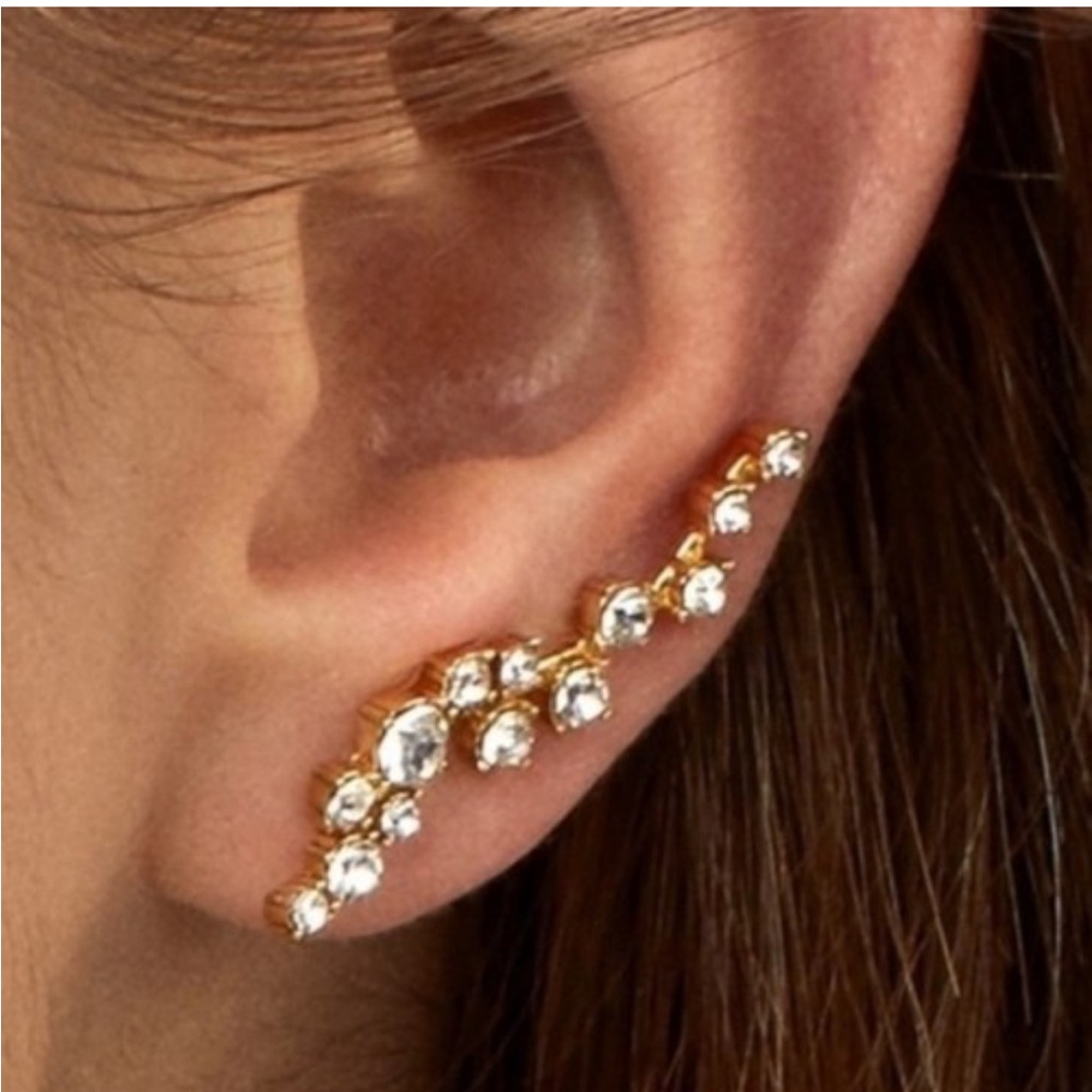 BaubleBar Crystal Crawler Earrings Gold Lightning Bolt ZigZag Ear Cuff Sparkle